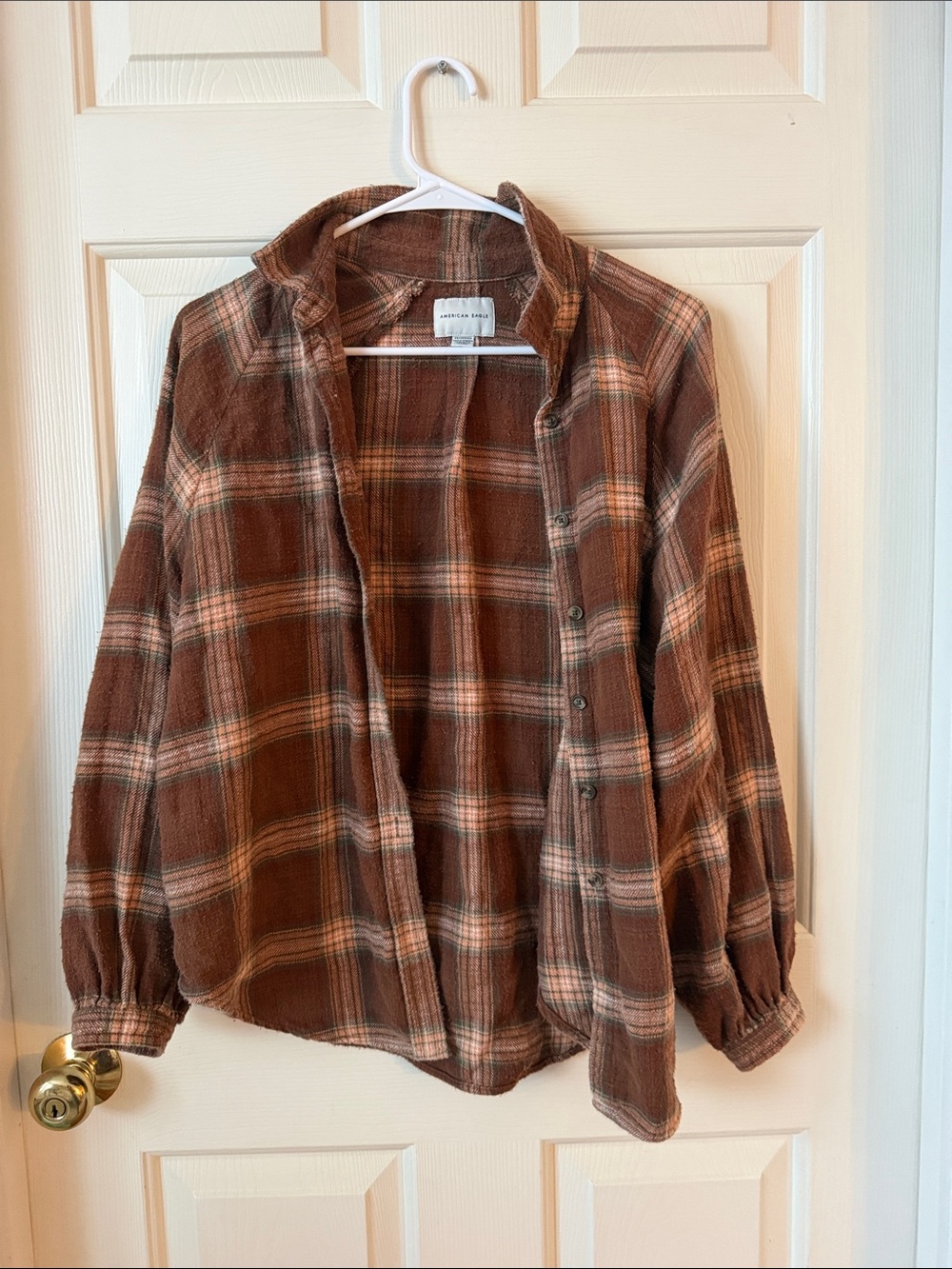 American Eagle Burnt Orange Plaid Button-Up Shirt